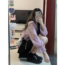 프릴블라우스 목 라인 프릴 넥 카라 블라우스 러플 트럼펫 슬리브 퍼플 셔츠 여성 여름 가을 쉬폰 긴팔 시크 독특한 아름다운 작은 하이 엔드 탑
