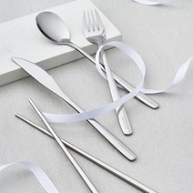 MENARE 레이븐 모던스텐 카페 커피숍 디저트 커트러리 숟가락 포크 나이프 젓가락 2인 세트, 실버