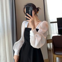우아 스퀘어넥 블라우스 긴팔 롱 원피스 하객 가을 하객룩 벌룬 퍼프 봄 쉬폰 플레어