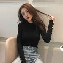여성 딱붙는 니트 세미 터틀넥 녀 2022 탑 버튼 소매 이너에 언더셔츠 스웨터 매치 긴팔