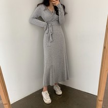 더핑크 / [더핑크] 루랑 여신 브이넥 랩 플레어 롱 원피스