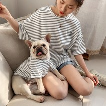 애견 커플룩 스트라이프 반팔 티셔츠 개플룩 견주 댕플룩 산책룩 반려견 여름 티셔츠, 핑크