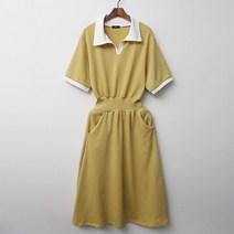 [세인트이브] 당일발송 데일리 반팔기장 배색 카라 플레어 롱 원피스
