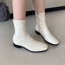여성 가죽 삭스 스판 스퀘어 사각코 옆지퍼 낮은굽 앵클 앵글 부츠 3cm