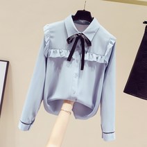 디자인 센스 봄 프릴 패치 리본 끈 긴팔 쉬폰 블라우스 여