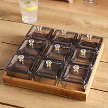 나무 구절판 월남쌈 나눔 접시 뚜껑 유리 그릇 세트, 블랙 글라스 - 9종 세트(커버 포함)