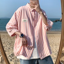 세로 굵은 스트라이프 핑크 남방 셔츠 여름 칠부