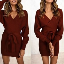 브랜드없음 여성 V 넥 니트 스웨터 드레스 벨트 등이없는 니트웨어