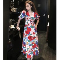 당일 발송 시폰 유화 플라워 V넥 스모크 밴딩 A라인 원피스