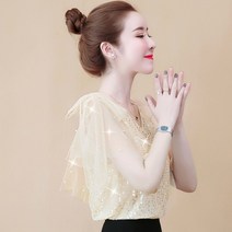 스팽글블라우스 바스락블라우스 여름 스팽글 반팔 티셔츠 여성 여름 드레스 한단어 오프 숄더 탑 드레스 쉬폰 바닥 셔츠