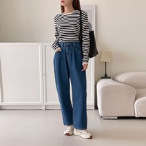 즈본 여자 중청 여유일자 배기 청바지 뒤밴딩 세미와이드 데님 보이핏