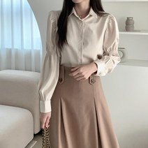 [바보사랑] 여자 베이직 카라 셔링 프릴 긴팔 블라우스