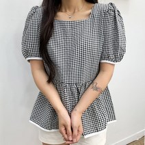 사각 체크 반팔 블라우스
