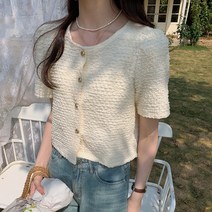 Banhany 스핀들 라운드넥 엠보싱 반팔 블라우스 S~XL