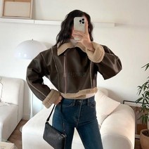 옷자락 여자 오버핏 믹스 양털 무스탕 크롭 레더 자켓