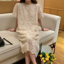 기타 꽃무늬 자수 로맨틱 하객룩 고급스러운 반팔 원피스