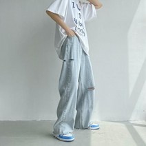 남성 긴바지 패션 워싱 청바지 여름 센스 스몰 스트리트 루즈핏 스트레이트 튜브 러프 엣지 진