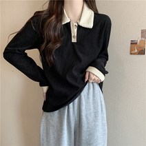 넷투넷코리아 여성 긴팔 티셔츠 루즈핏 카라 배색 골지 니트 기본