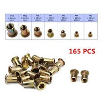 탄소강 플랫 헤드 리벳 너트 세트 하드웨어 멀티 사이즈 삽입 리벳 너트 210/165개, 165PCS gold_CHINA