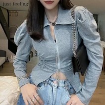 just feel!ng 패션 퍼프 벌룬 소매 블랙 티셔츠 여성 가을 슬림핏 숏 상의 셔링 지퍼 긴팔티 셔츠