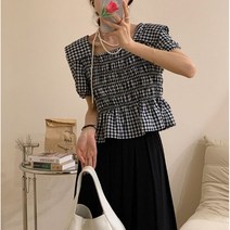 잇츠스타일 여성 스퀘어넥 가슴 밴딩 오프숄더 체크무늬 반팔 셔츠 블라우스