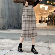 제이블리 모직 브라운 체크 뒷 트임 미디 롱 스커트