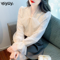 vsyoy 활 레이스 바닥 셔츠 여성의 봄 2023 봄 새로운 외국 스타일의 세련된 긴 소매 셔츠 쉬폰 셔츠