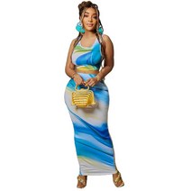 키코이 캉가 African Skirt Clothes For Women 2 Piece Set Tank Crop Top And Long Suit Summer Print Elegant, [03] L, [01] 파란