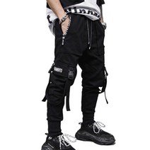 맨즈 조거 할렘 팬츠 힙합 펑크 스트리트 패션 캐주얼 드로우 스트링 첨부 멀티 포켓 엘라스틱 웨스트 아웃도어 팬츠 (블랙 L)