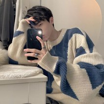 위위브렌 남성용 편안하며 라운드넥 배색 니트 스웨터