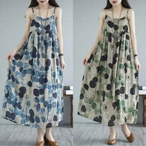 [80kg까지] PINKFUL 원피스 끈나시 여성 여름 민소매 린넨 도트무늬 프린트 오버핏 롱원피스 루즈핏 빅사이즈 여행 해변 바캉스 비치 a라인 스커트 캐주얼 패션 데일리