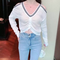 오프숄더니트 루즈핏 오픈숄더 골지 메쉬 스트라이프