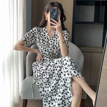 감성갤러리 클로버 플레어 반소매 브이넥 바캉스 휴양지 여행 롱원피스 S-C046