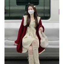 프렌치 베이비 칼라 뽀글이 미니원피스 니트 가디건 투피스 코디세트