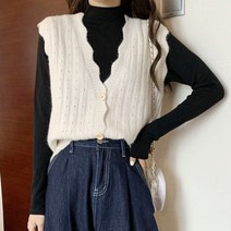 여성 데일리 러블리 브이넥 셔링 레이어드 니트 조끼