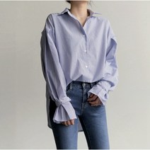 소매 스트라이프 블랙 줄무늬 블루 셔츠 핀턱 단가라 캐주얼 러블리 루즈핏