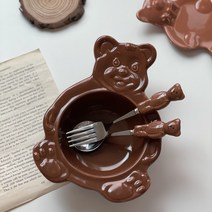 빈티지베어볼 곰돌이 그릇 접시 플레이트, 스푼&포크세트, 스트로베리핑크