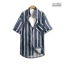 남성 반팔 스트라이프 아사 셔츠 남방 라이즈네이비