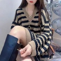 가을 펀칭 스트라이프 니트 스커트 빈티지 하프 루즈핏 브이넥 긴팔 니트 원피스 니트원피스 간절기