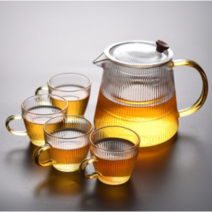 유리 골지 빈티지 포인트 내열유리 티포트 찻잔 세트 내열유리 차주전자 세트, 800ml 포트+4컵