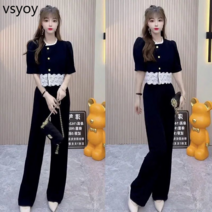 vsyoy 작은 향기로운 스타일 세트 여름 디자인 센스 버블 슬리브 레이스 모자이크 셔츠 재킷 여성의 높은 허리 넓은 다리 바지 2 조각 세트