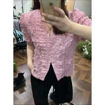 하트 퍼프 반팔 트임 블라우스
