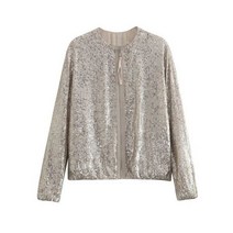 여성 자켓 봄버 블루종 여성위 스팽글 지퍼 폭탄 재킷 긴 소매 라운드 넥 여름 느슨 하이 코트