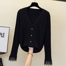 여성봄점퍼 야상 트렌치 자켓원활한 한 레이스 V 넥 스웨터 여성 가을 봄 신제품 느슨한 서양식 올 매치