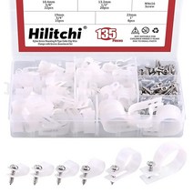 Hilitchi 135 개 6가지 사이즈 화이트 플라스틱 케이블 클램프 R 타입 스크류 장착 코드 패스너 클립 다양한 키트 와이어 관리 전선관 용 나사 포함 (6mm에서 23M 쓰, White