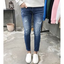 용된다 남자 진청 워싱 디스트로이드 데미지 스판 청바지