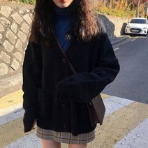 빅카라원피스 하객 상견례 원피스 카디건 여성 솔리드 단순 기본 스웨터 카와이 프레피 스타일 캐주얼 긴팔 v 넥 루즈핏 겉옷 All-match Autumn Hot