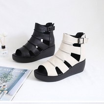 런슈즈 천연소가죽 스트랩 오픈토 봄 여름 부츠 앵클 통굽 샌들 6cm