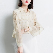 오버클래쓰 여성 블라우스 쉬폰 플라워 프릴 빈티지 셔츠 하객룩