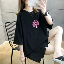 여름옷 트렌드 오버핏 미디 롱 이니셜 플라워 프린트 t셔츠 여성 순면 코튼